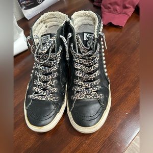 Golden goose slides with new leopard laces